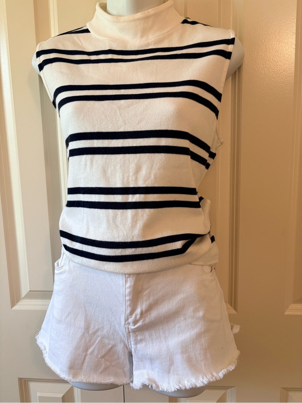 Talbots, Striped Sleeveless Mock Neck Top - White & Black, size L - Picture 2 of 7